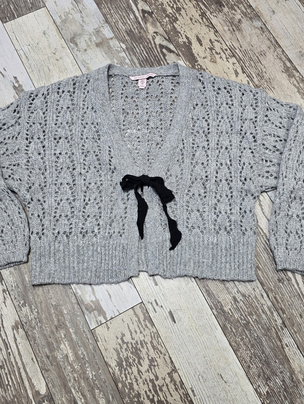Victoria's Secret Gray Knit Wool Blend Coquette Boho Cardigan Black Ribbon Sz L